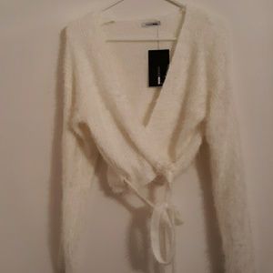 Fashion Nova Ivory Fuzzy Cropped Tie Sweater